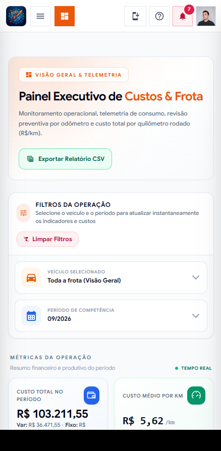Versão mobile do painel de custos de frota